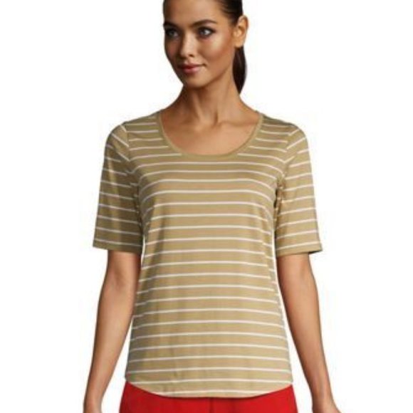 NWT LANDS' END WOMENS ELBOW SLEEVE COTTON SCOOP NECK SHIRT DESERT TAN STRIPE PS - Picture 1 of 5